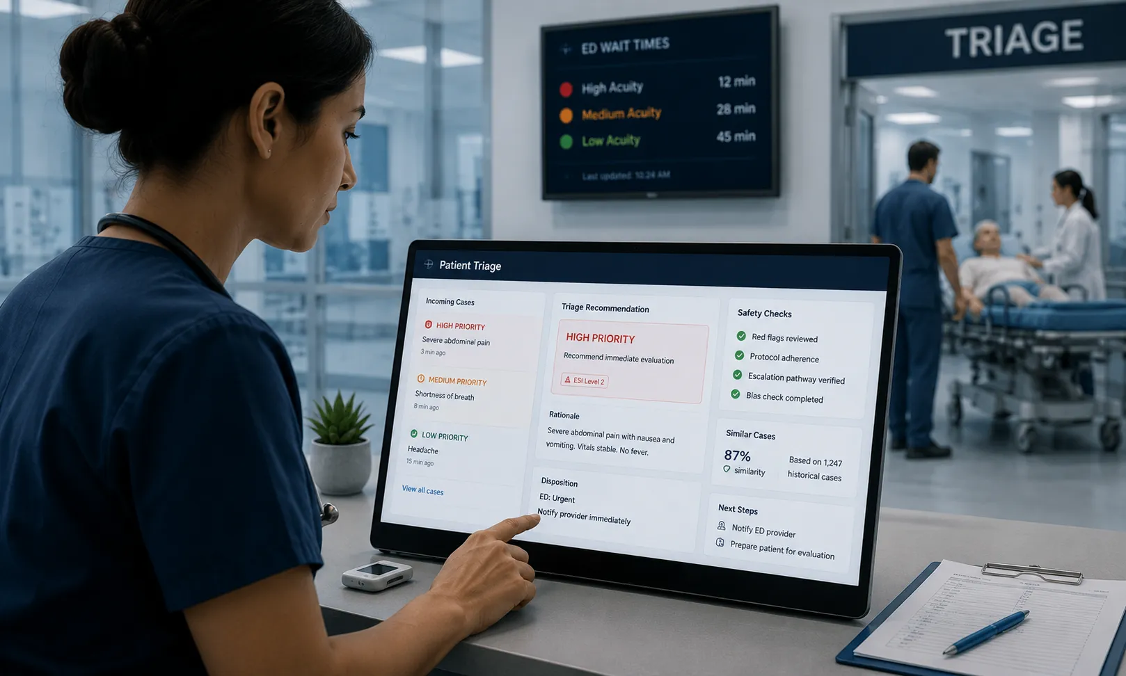 Clinician reviewing a GenGuardX patient assessment recommendation with safety checks and ESI level on screen